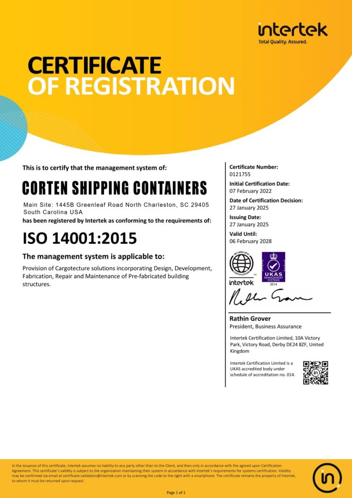 Home 0121755 Corten Shipping Containers LLC ISO14001 Page 0001 725x1024